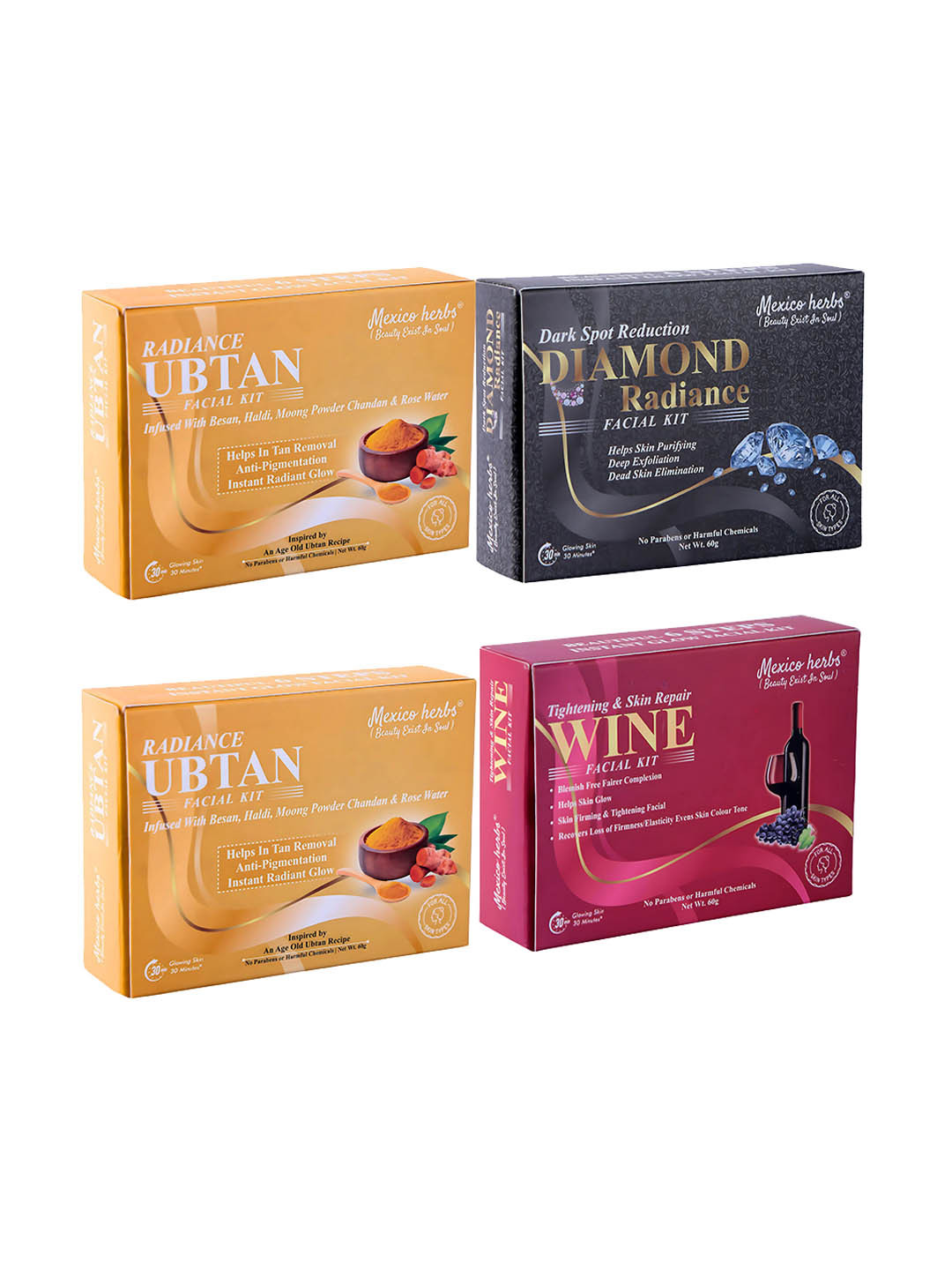 Mexico herbs Set Of 4 Red Wine & Ubtan & Diamond Facial Kit - 60 g Each
