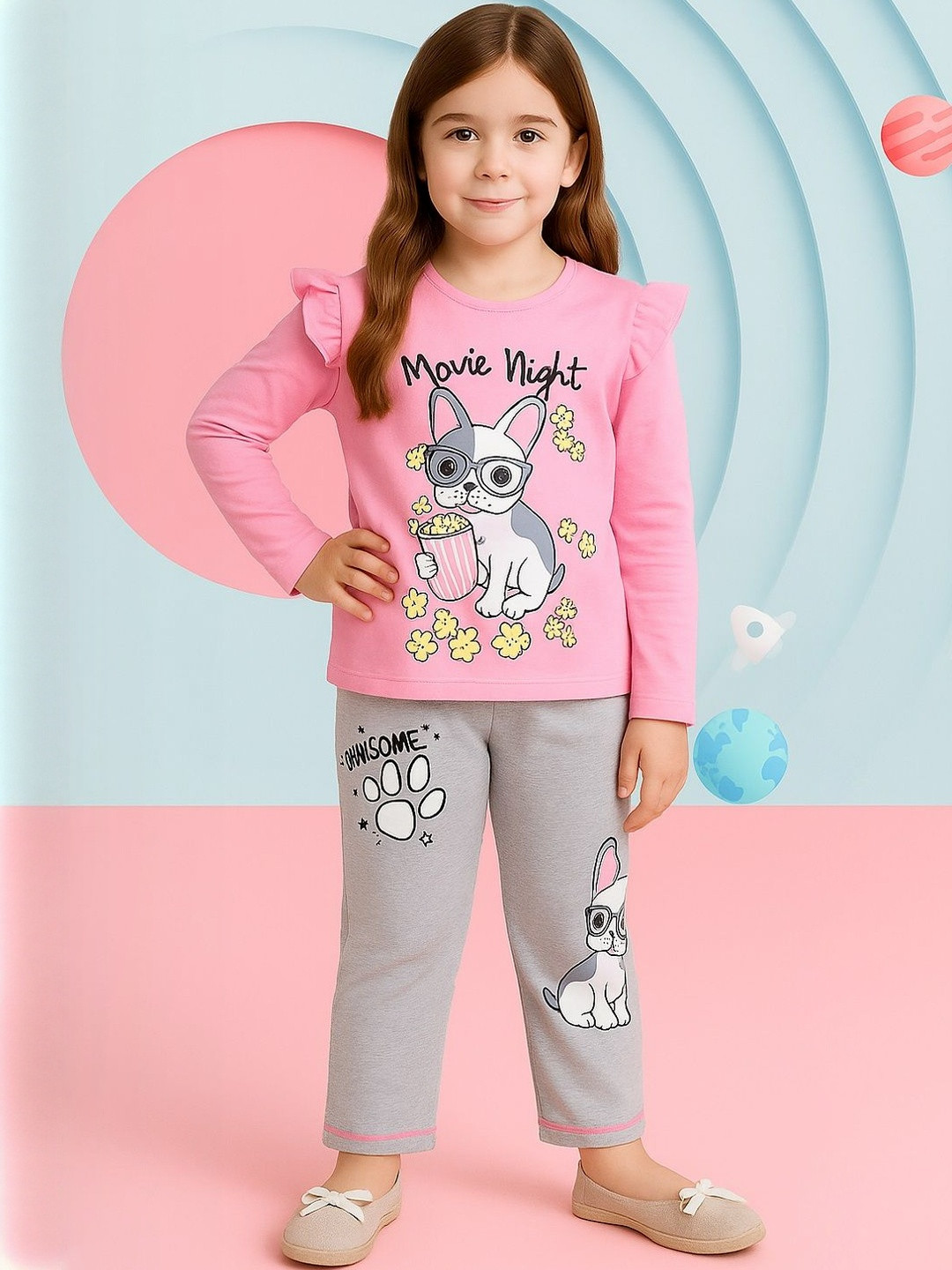 YK Kids Girls Pink & Grey Cotton Printed Top With Trousers Clothing Set