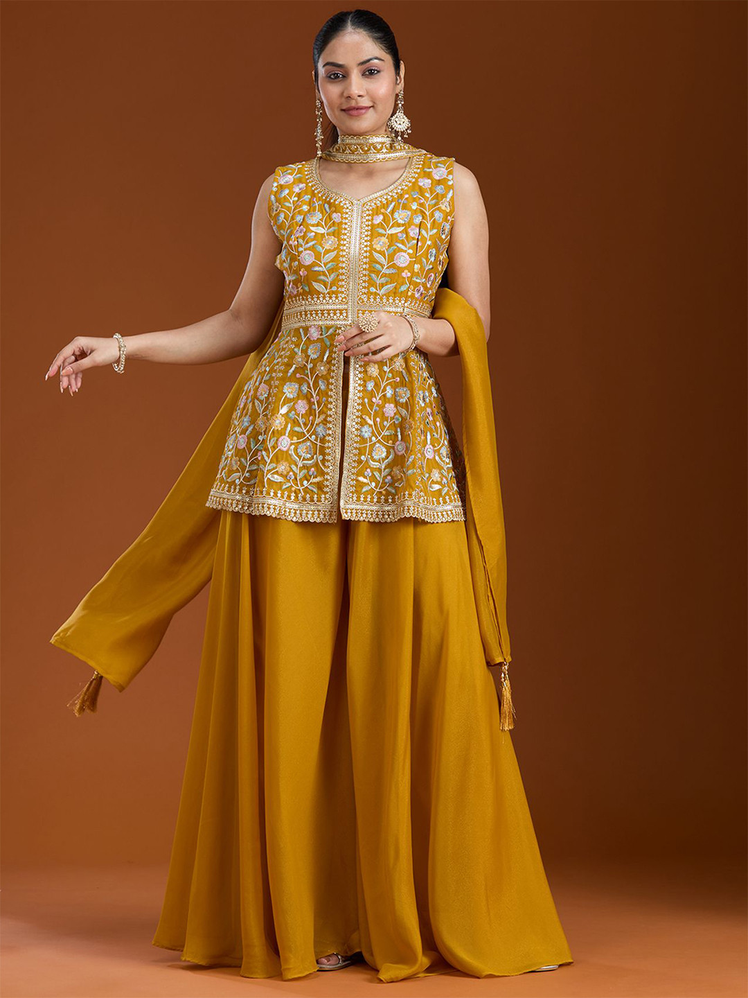 Koskii Women Floral Printed Anarkali Kurti with Palazzo & Dupatta