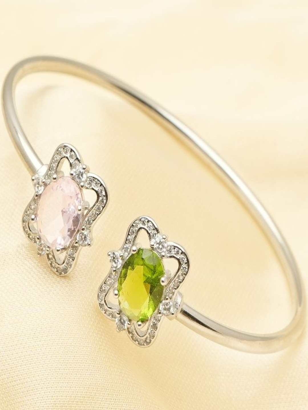 TASSYA 925 Sterling Silver Lavender & Green Zircon-Studded Kada Bangle