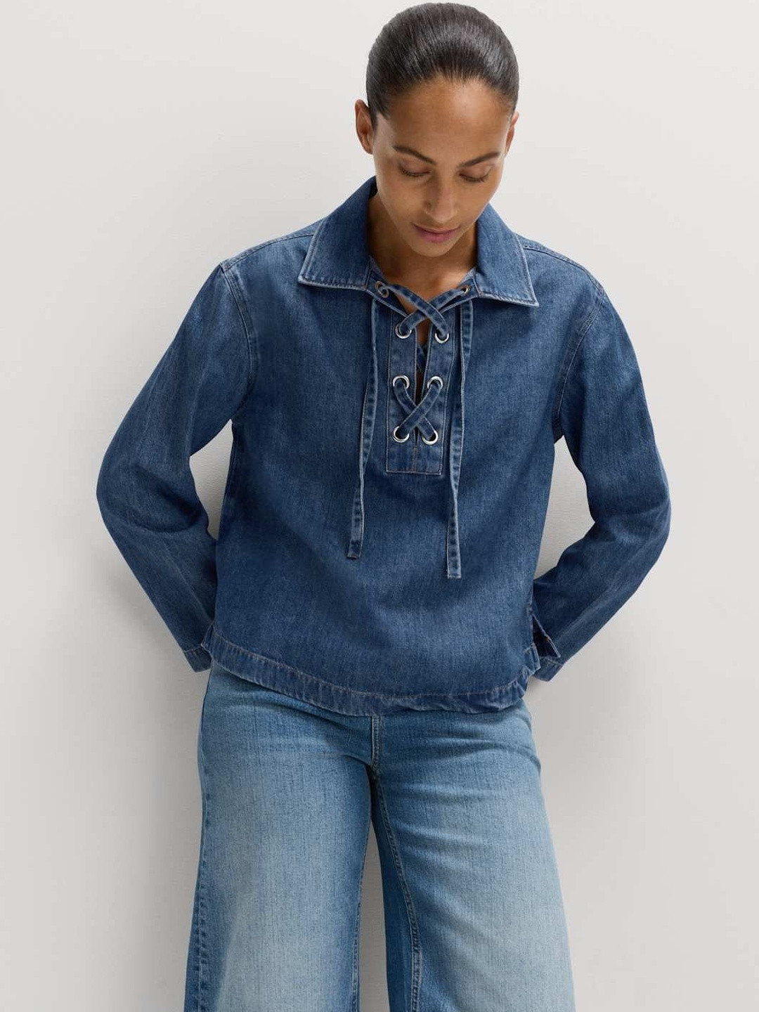 Marks & Spencer Cotton Denim Tie Fastening Blouse