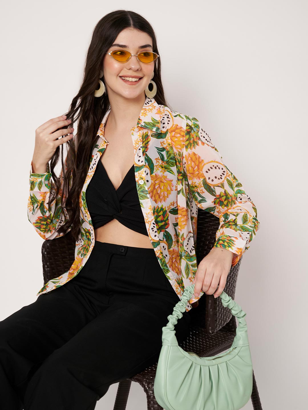 CHARMGAL Floral Printed Button Down Collar Long Sleeves Shirt