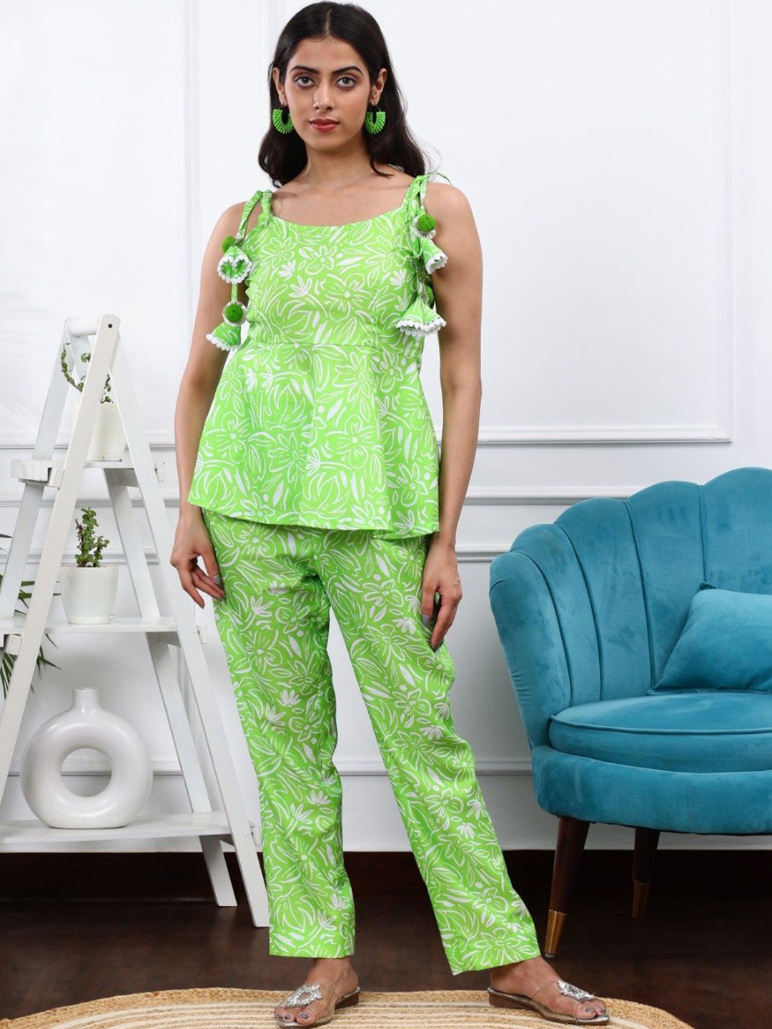 Pearls and Pastels Printed Linen Top With Trouser