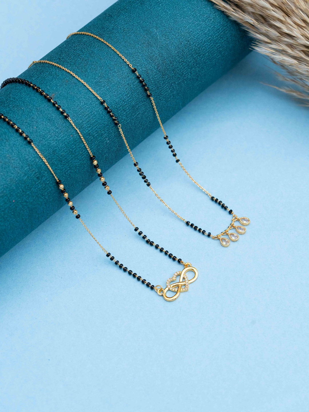 Zeraki Jewels Meher Set Of 2 Stones Studded & Beaded Infinity Shaped Mangalsutras