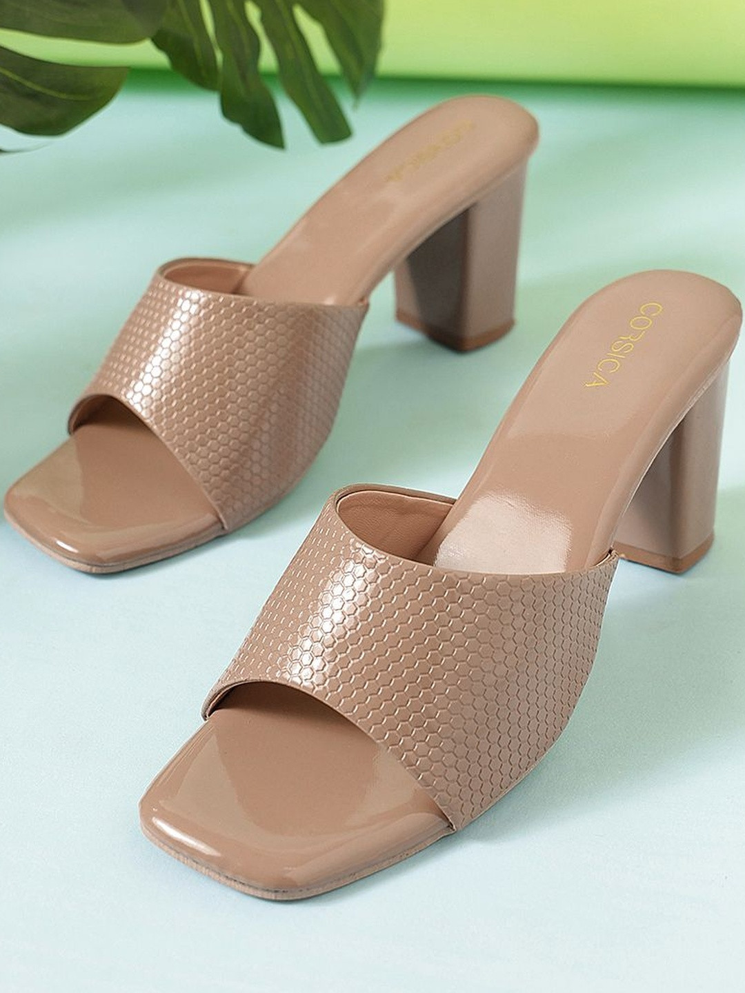 CORSICA Women Brown Square Toe Textured Synthetic Block Heels