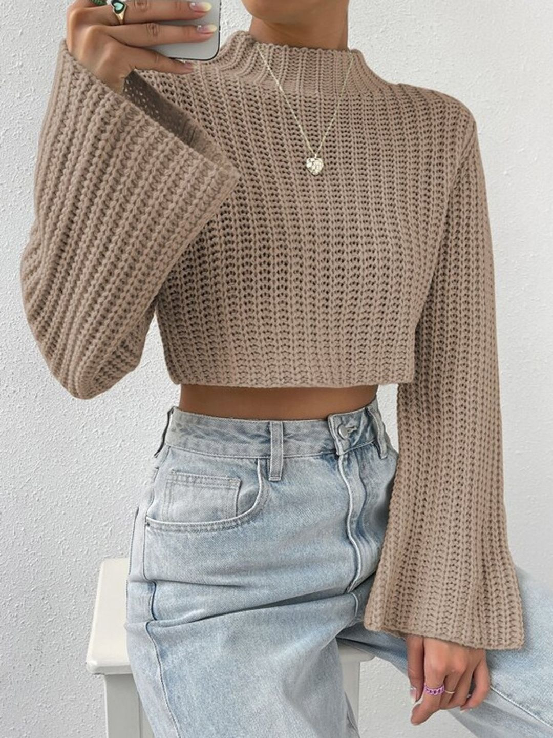 StyleCast Khaki Ribbed High Neck Flared Sleeve Crop Top