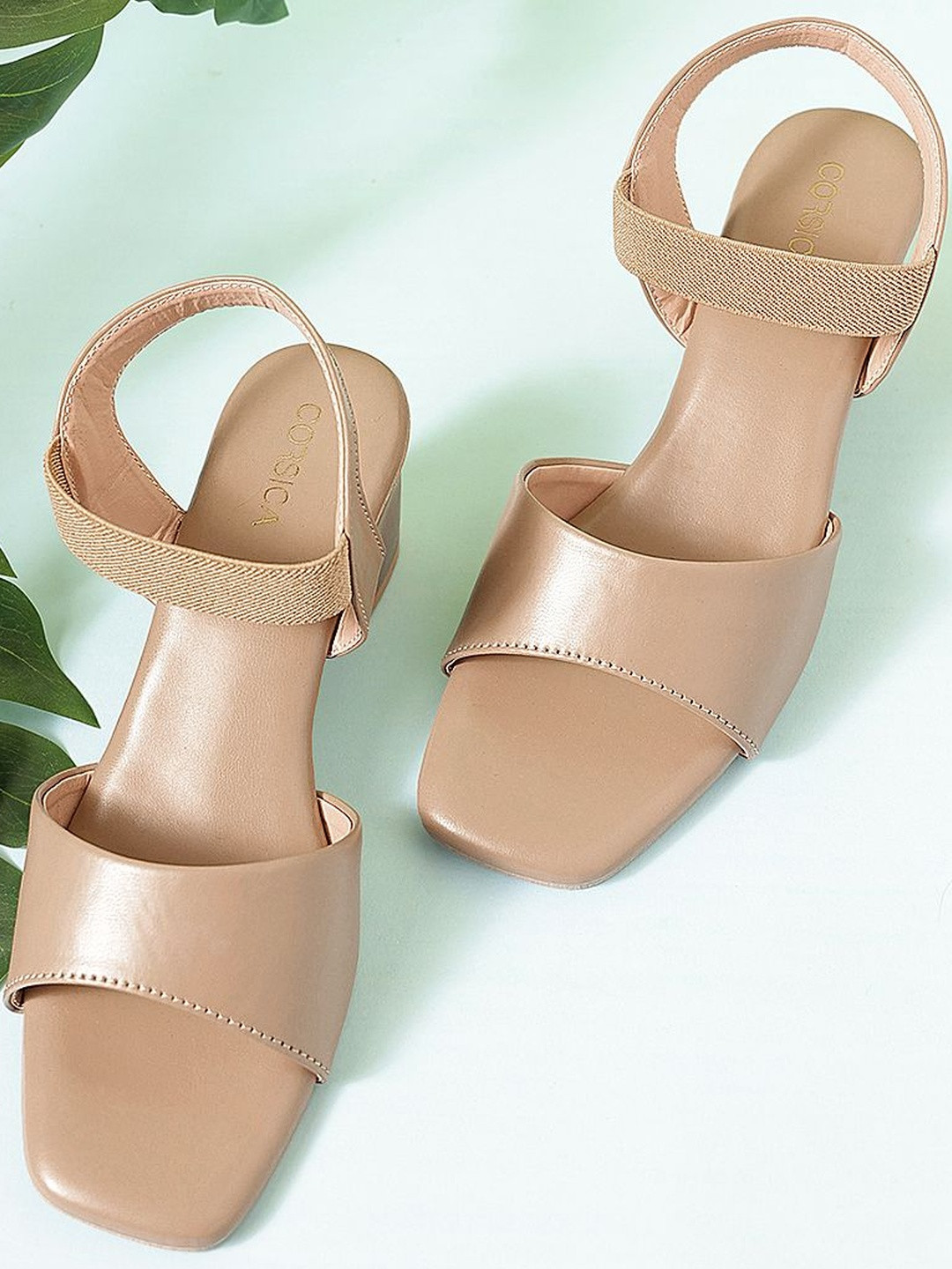 CORSICA Women Brown Square Toe Backstrap Synthetic Block Heels