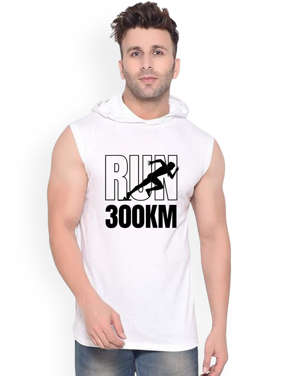 Fashnobic Men Run 300km Printed Hooded-Neck Gym Vests