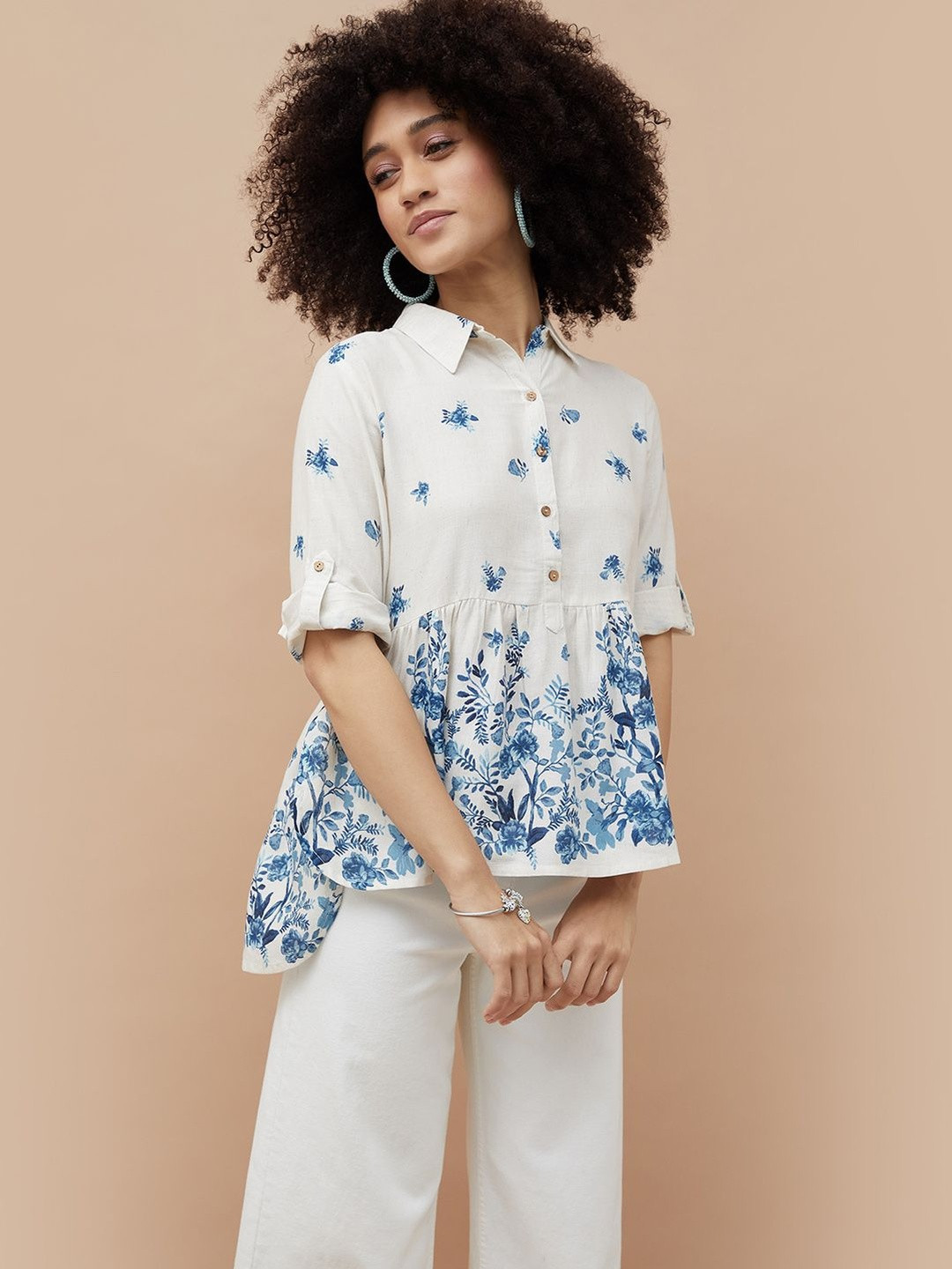 Colour Me by Melange Women Floral Print Roll-Up Sleeves Peplum Top