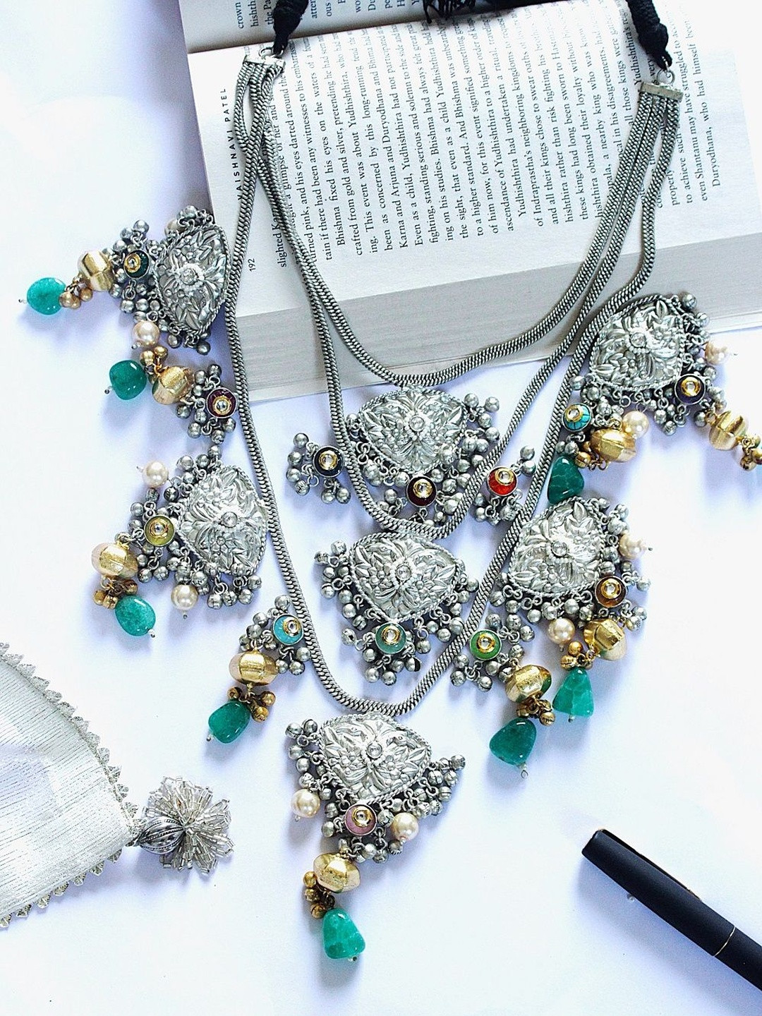 THE BLING GIRLL Silver Plated Artificial & Ghungroo Beaded Oxidised Statement Necklace