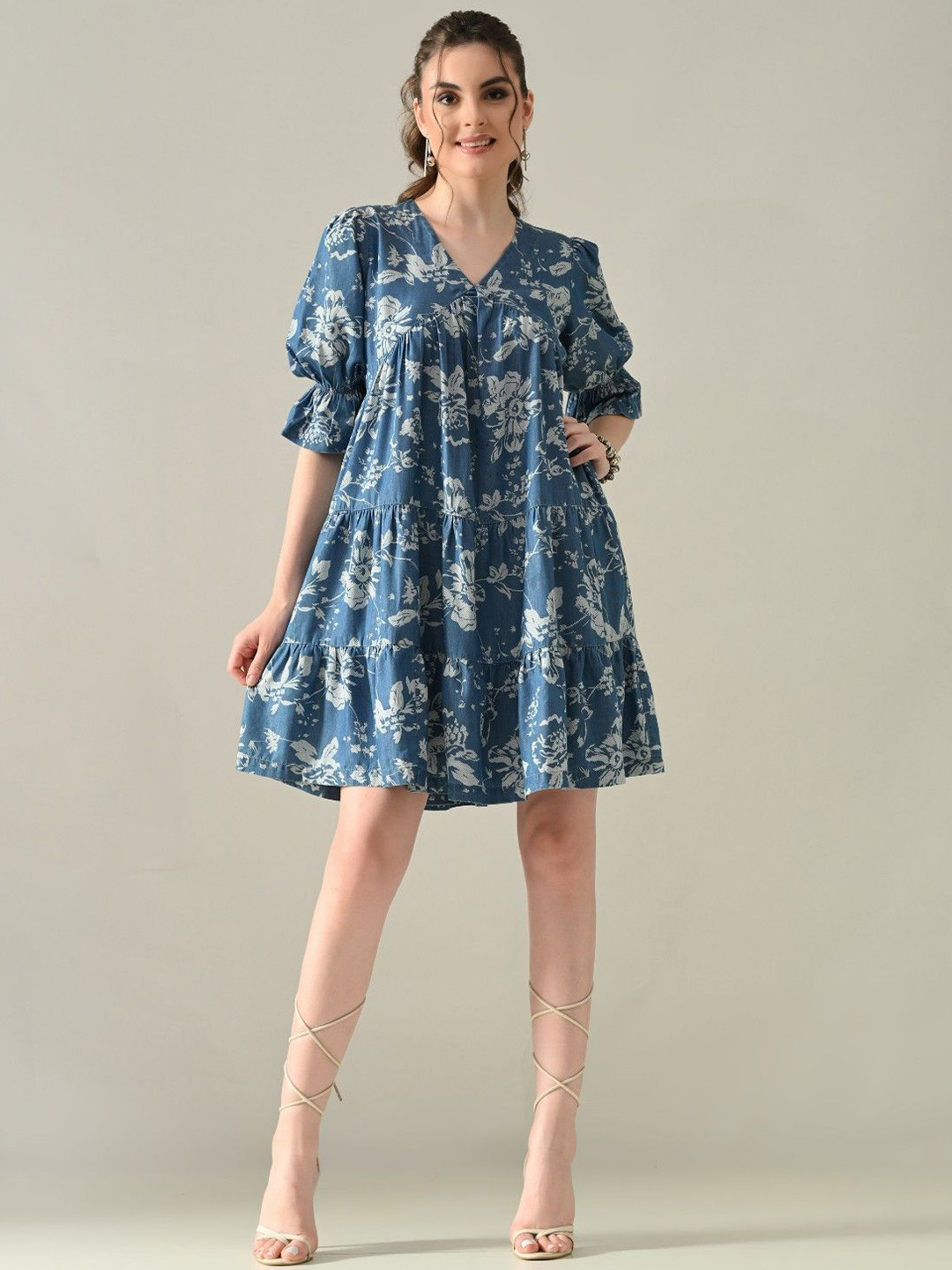 ANNY Women Cotton Floral Printed Gathered or Pleated Tiered A-Line  Dress