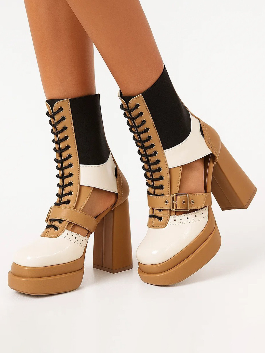 Sole House Women Colourblocked Square Toe Chelsea Boots With Buckle Detail