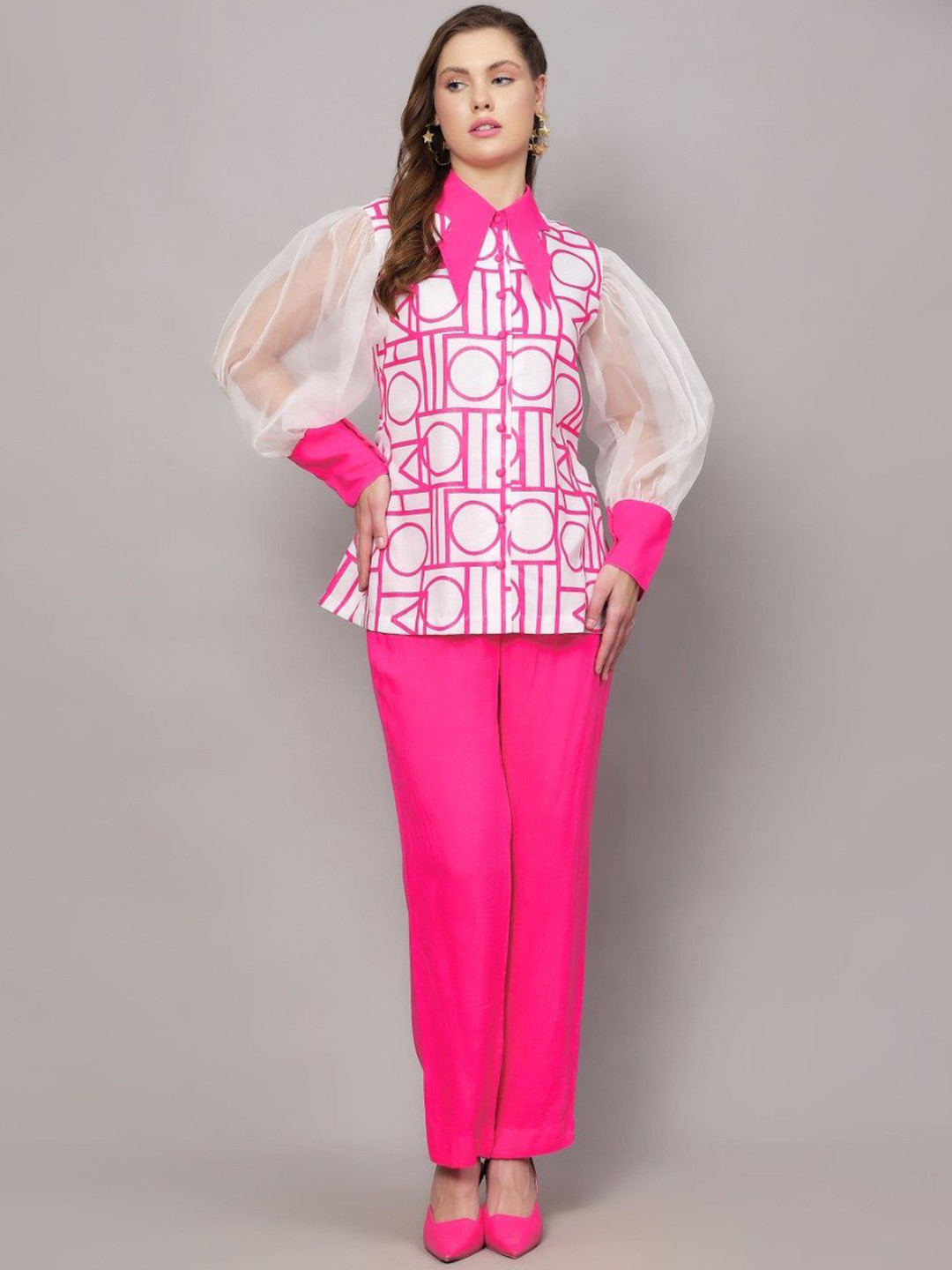 Pearls and Pastels Printed Shirt Collar Linen Top With Trousers