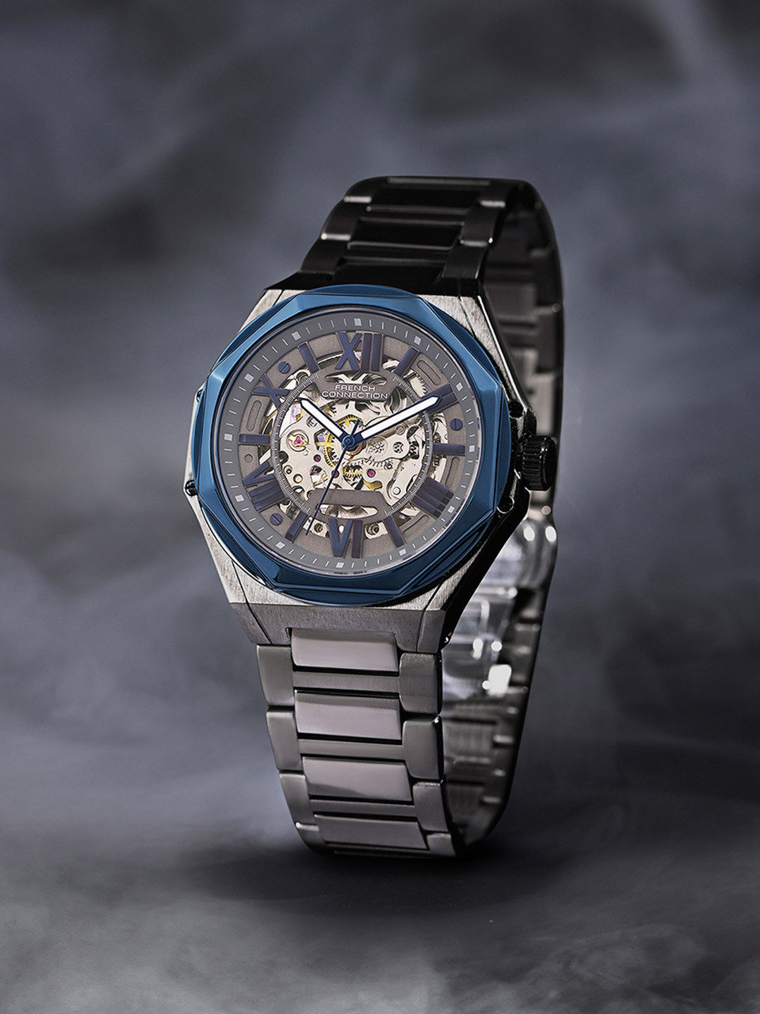 French Connection Autogliss Men Skeleton Dial Stainless Steel Automatic Motion Watch