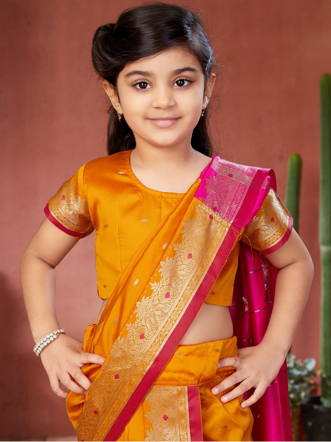 BAESD Girls Woven Design Zari Dhoti Saree With Stitched Blouse