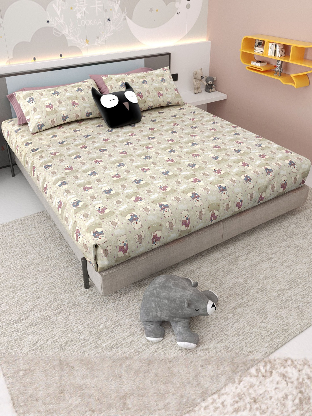 Dreamland Beige Muffler Teddy Kids Cotton Bedsheet
