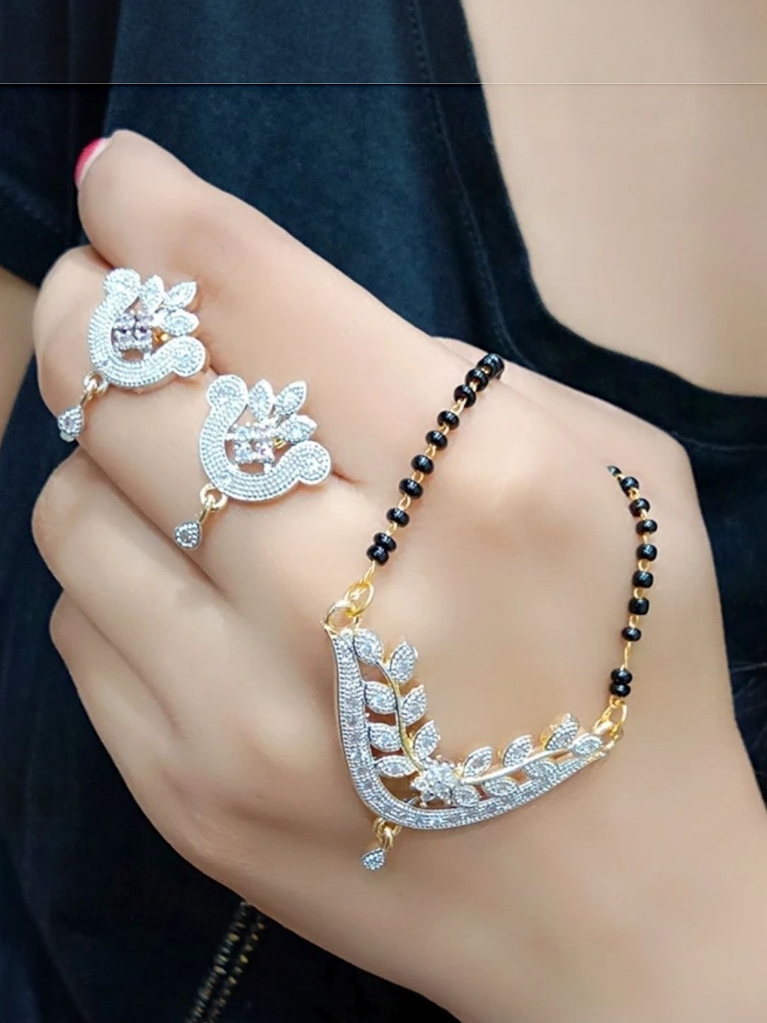 Molika Artificial Stones Studded and Beaded Mangalsutra With Earrings