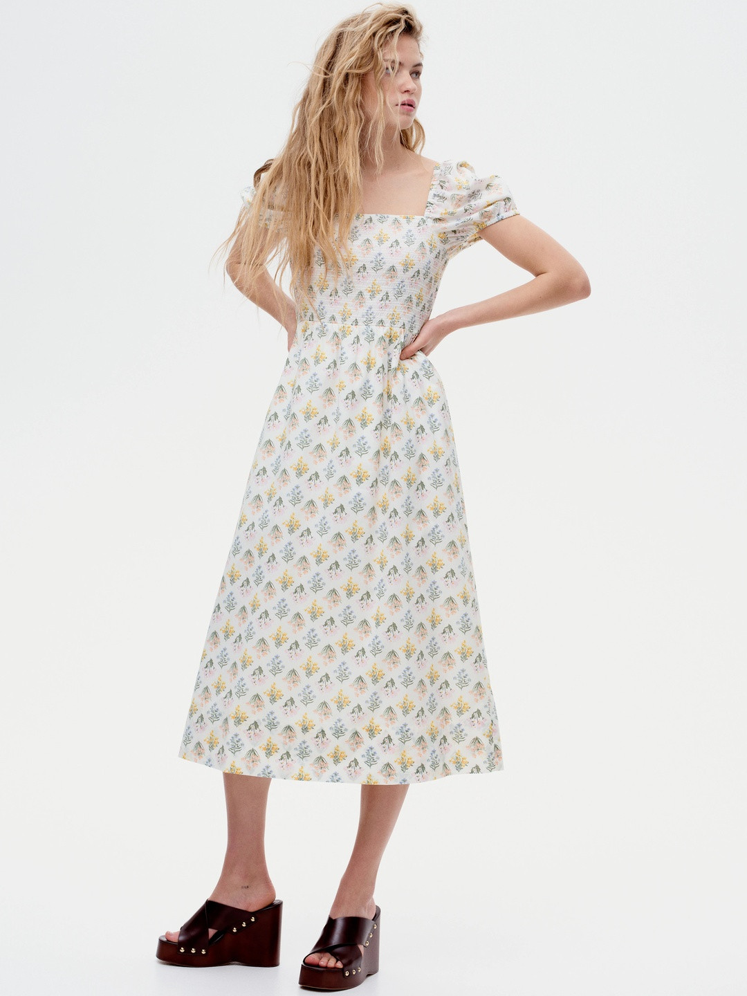 H&M fit and flare Puff-Sleeved Cotton smoked maxi Dress