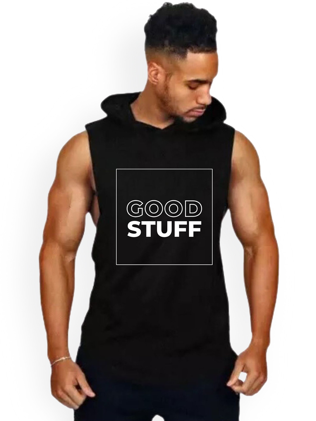 Fashnobic Men Good Stuff Printed Hooded Neck Gym Vest