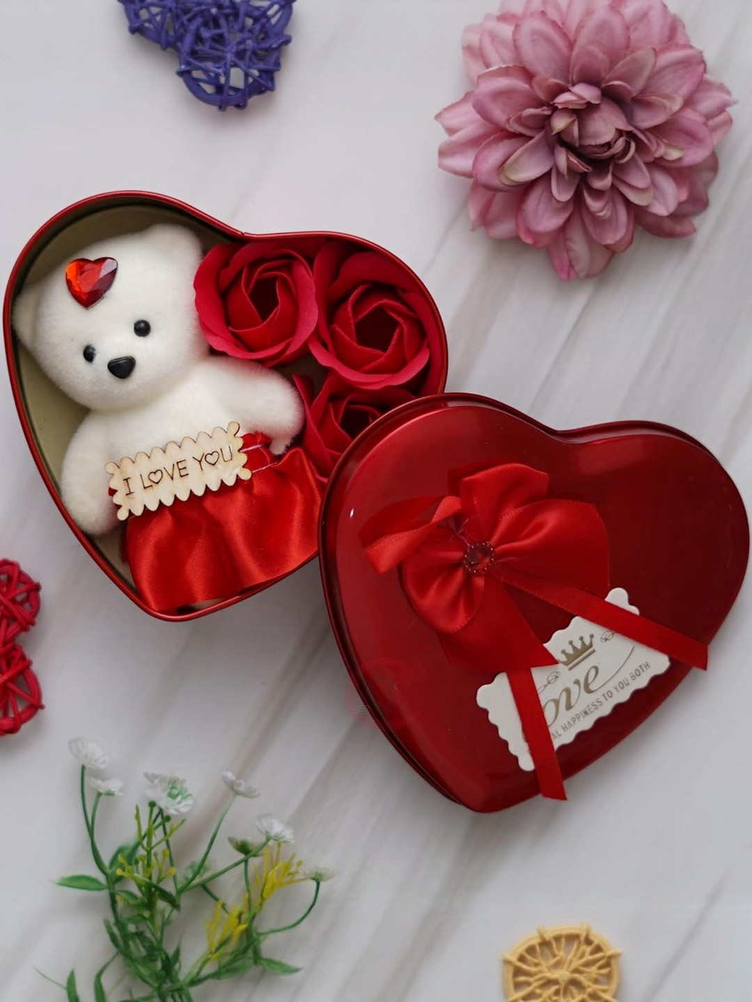 ASIDEA Red Roses and Teddy Bear Valentine's Heart Shaped Gift Box