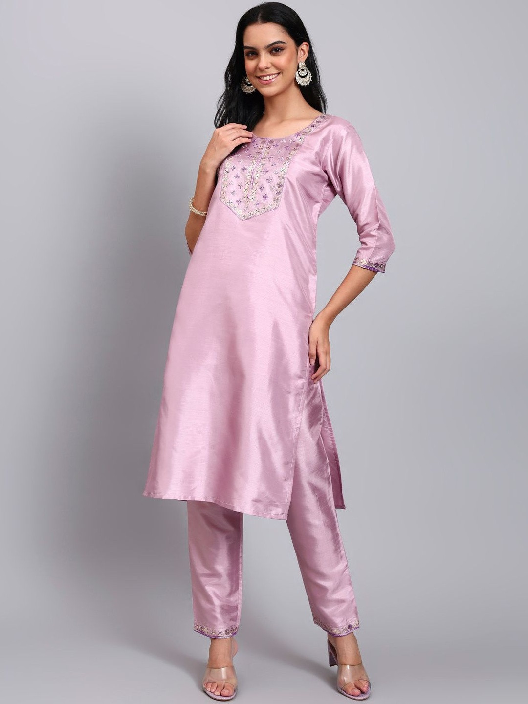BANJANAN Women Lavender Embroidered Silk Blend Straight Kurta & Trousers