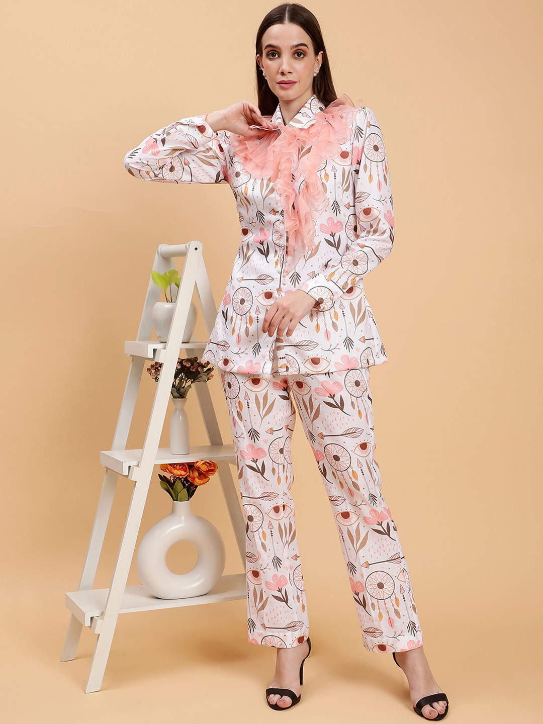 Pearls and Pastels Women Printed Long Sleeves Linen Shirt & Trousers