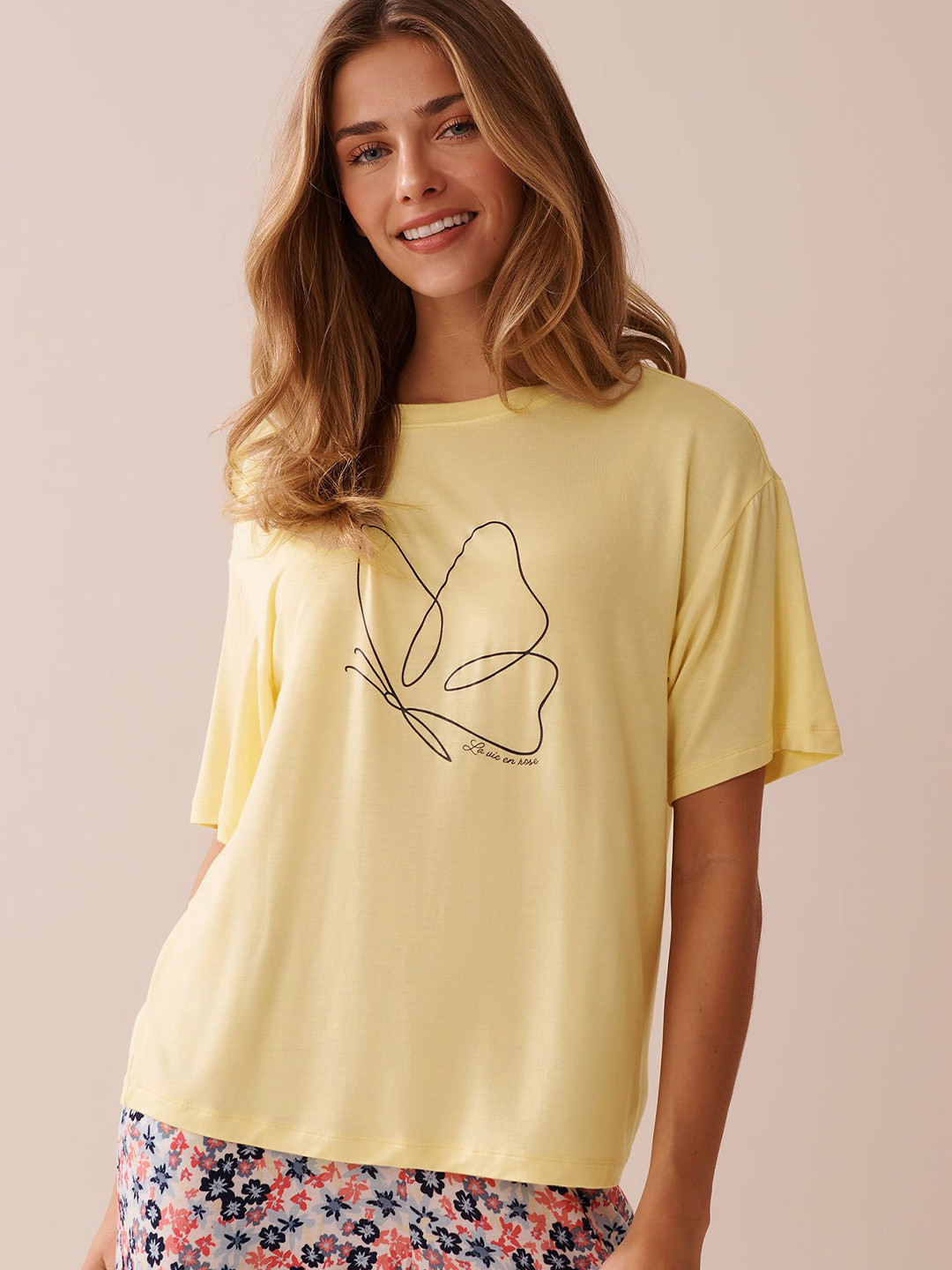 La Vie en Rose Women Butterfly Printed Soft Drop Shoulder Relaxed Fit Lounge T-shirt