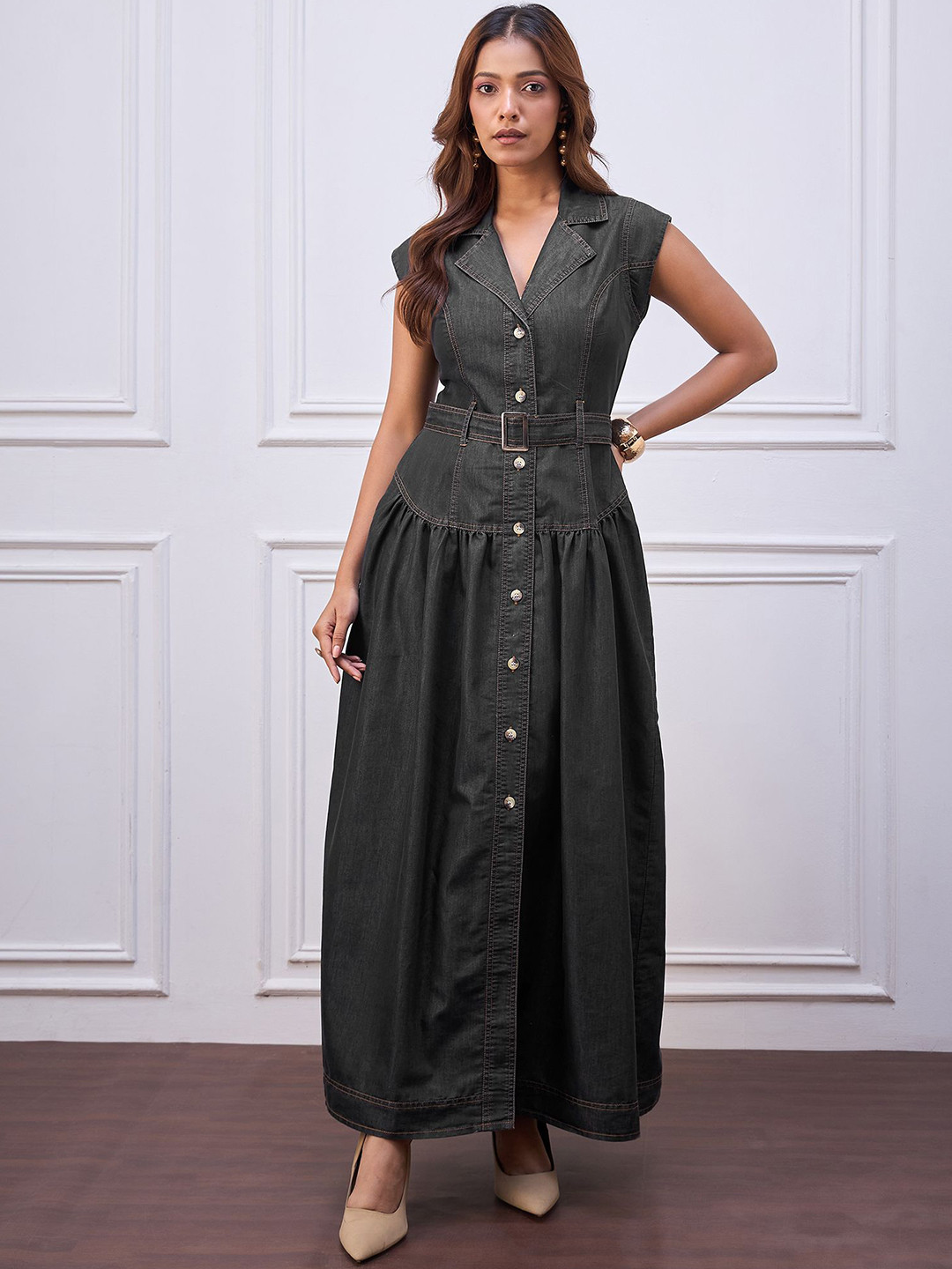 Chemistry Lapel Collar Denim Shirt Maxi Dress