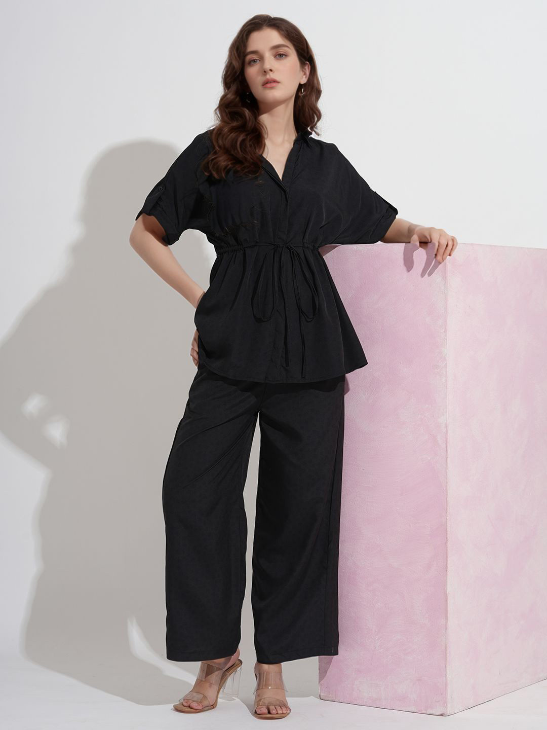 DressBerry Women Pack of 2pcs Black Solid Polyester Shirt & Trousers