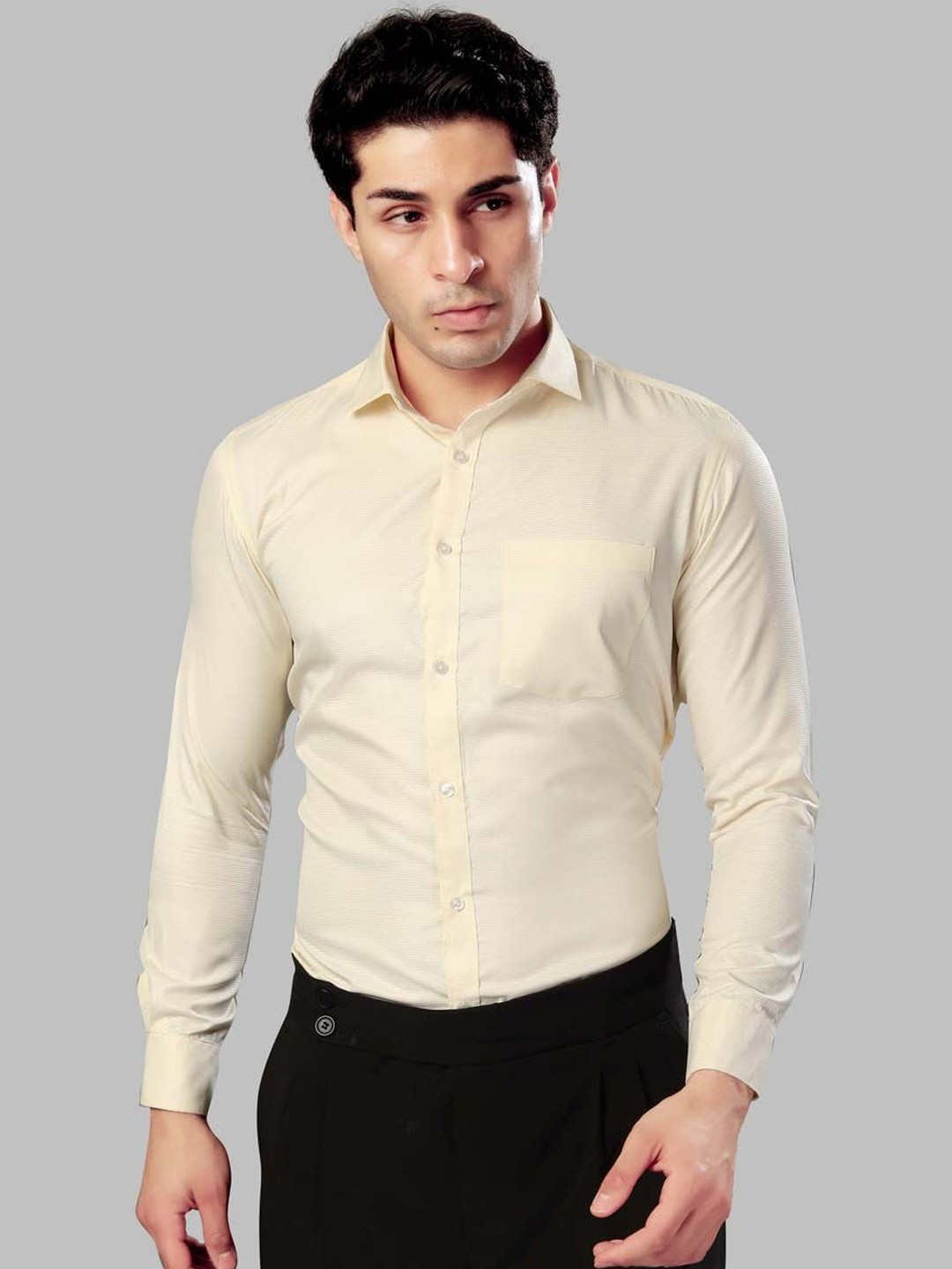 UR ETHICS Men Cream Self Design Slim Fit Premium Semiformal Shirts