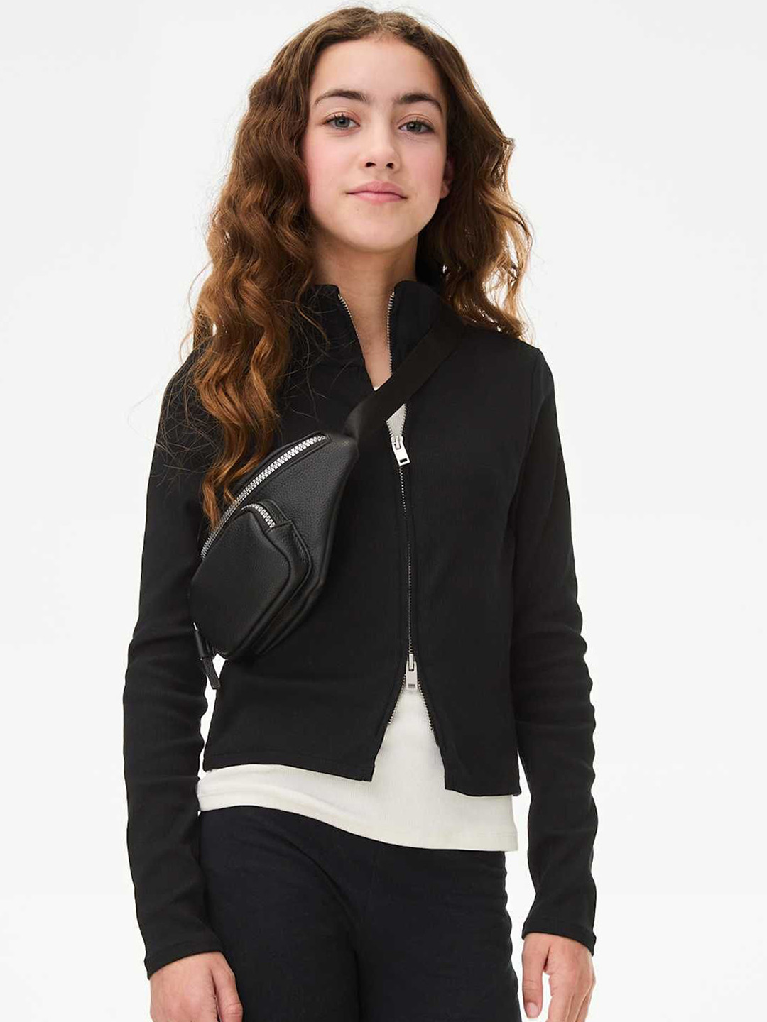 Marks & Spencer Girls Stand Collar Solid Cotton Rich Rib Zip Tailored Jacket