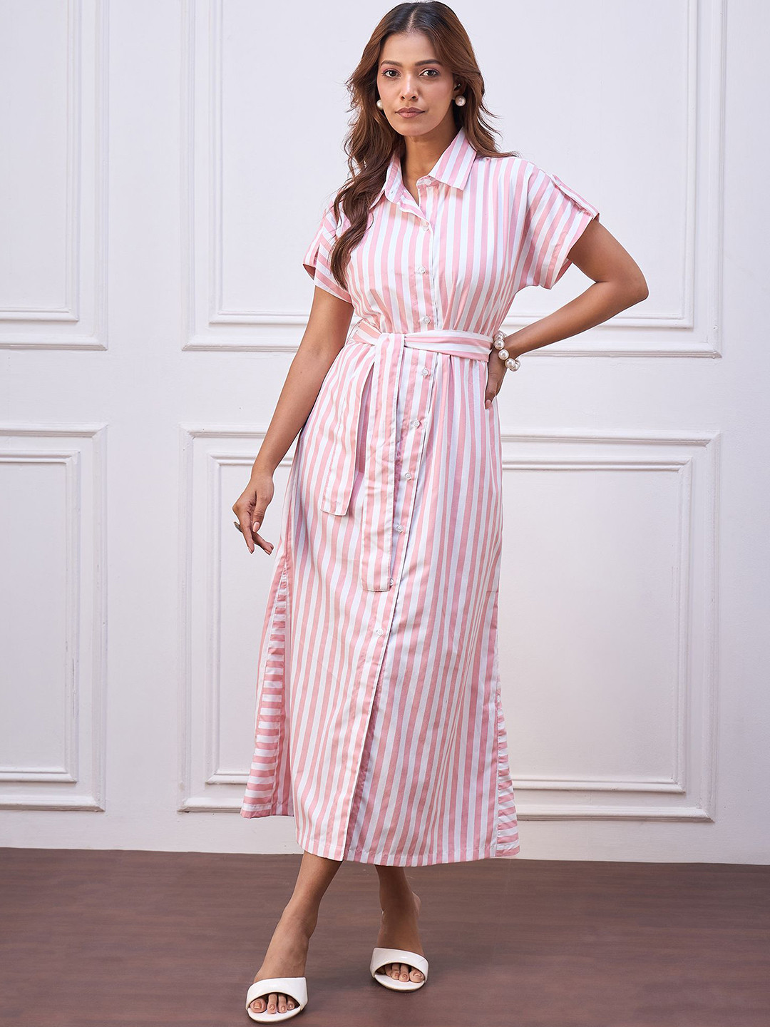 Chemistry Women Striped Shirt Midi Dress with Belt