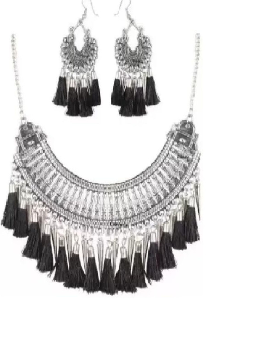CHABUTRA TREND Silver-Plated Artificial Beaded Tasselled Jewellery Set