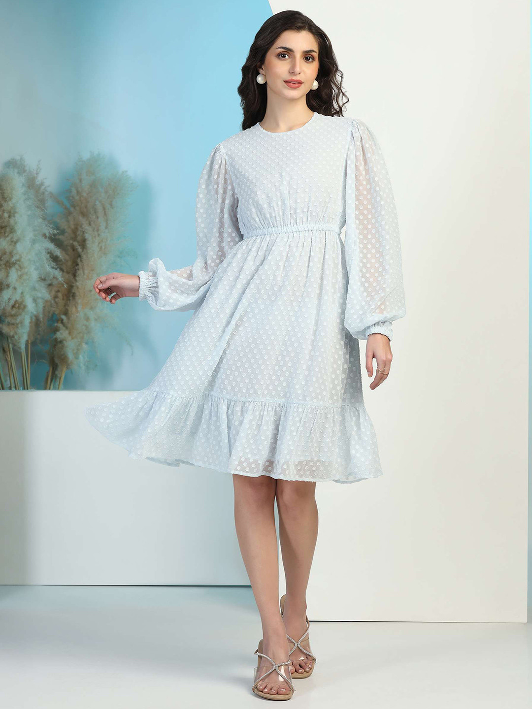 FLY STITCH Women Puff Sleeve Fit & Flare Dress