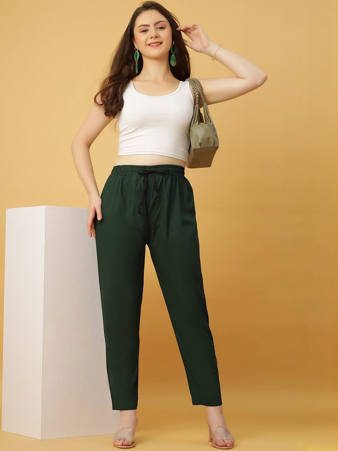 GANIX FASHION THAT DEFINE YOU Women Green Viscose Rayon Solid Straight Fit Regular Trousers