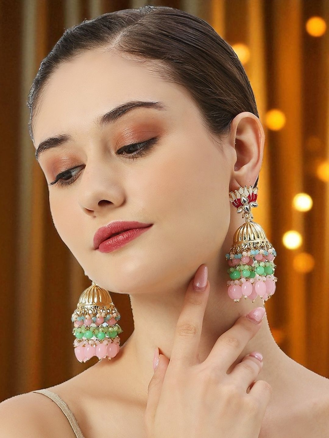 OOMPH Kundan Studded & Artificial Beaded Dome Shaped Jadau Jhumkas