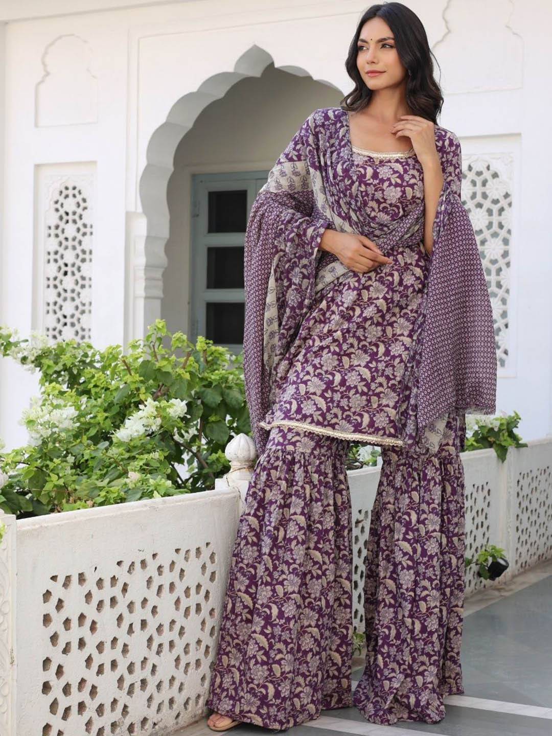 PRIYANKA CHOUDHARY Floral Printed Square Neck Pure Cotton Kurta & Sharara With Dupatta