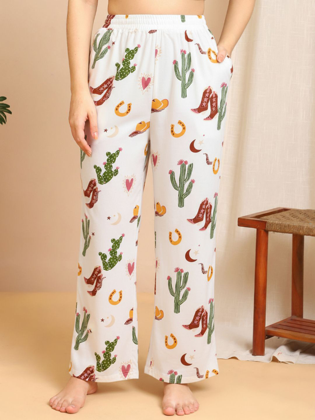 ETC Women Conversation Printed Slip-On Inner Elastic High-Rise Cotton Lounge Pants