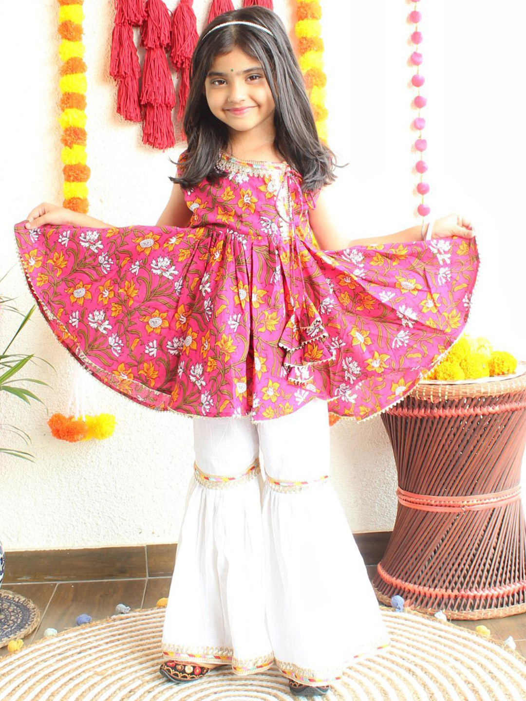 Mamma's Bear Girls Floral Printed Angrakha Pure Cotton Kurti with Sharara