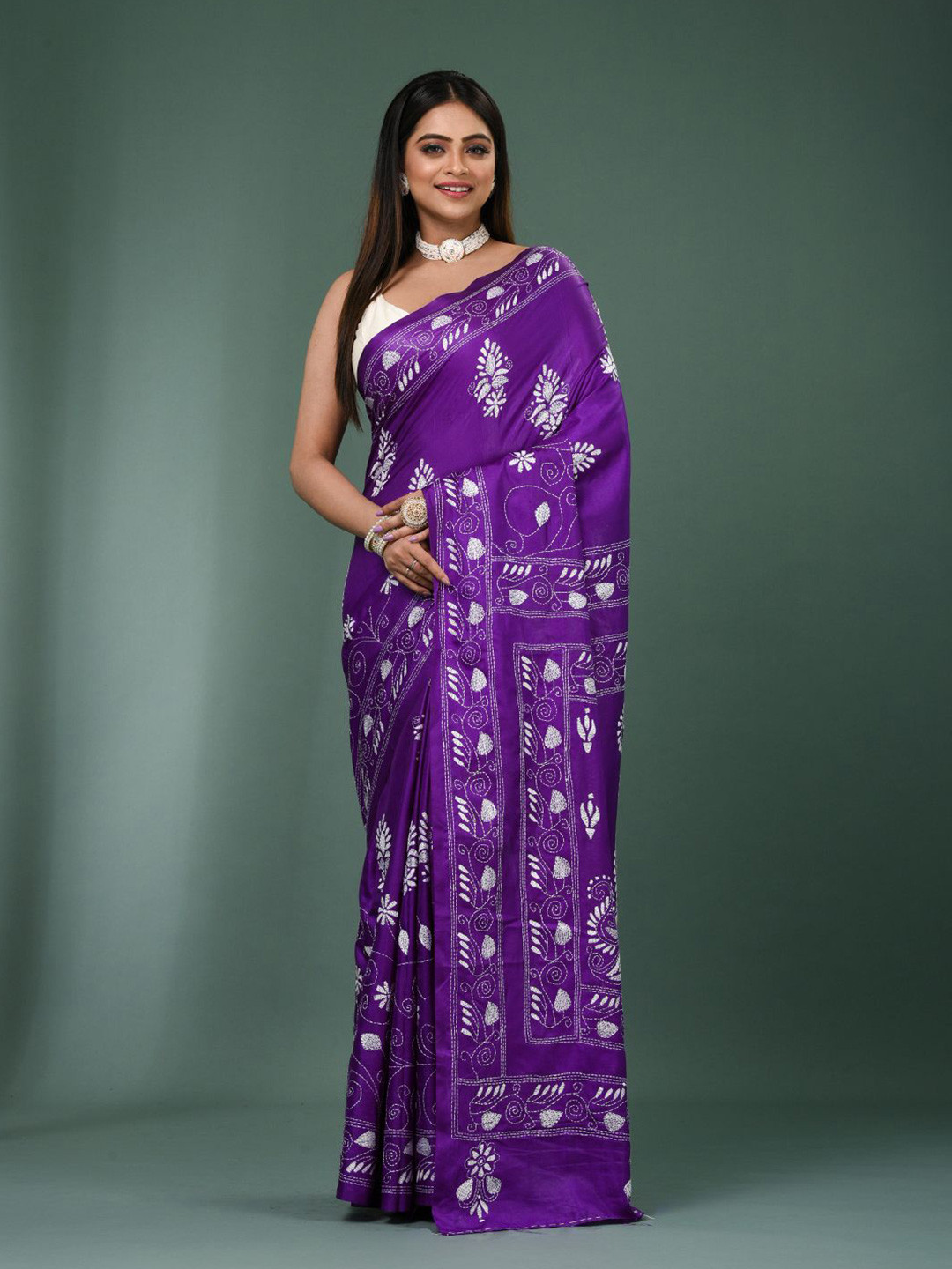 PUKU Floral Kantha Work Embroidered Saree