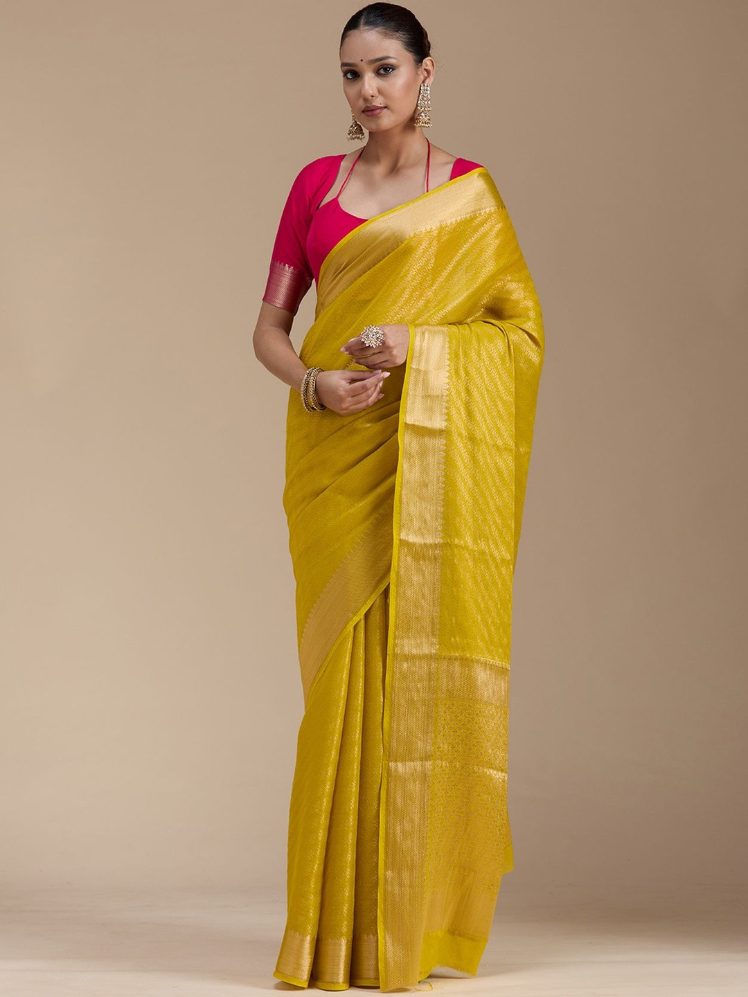 Koskii Yellow Zariwork Gold Georgette Silk_Saree