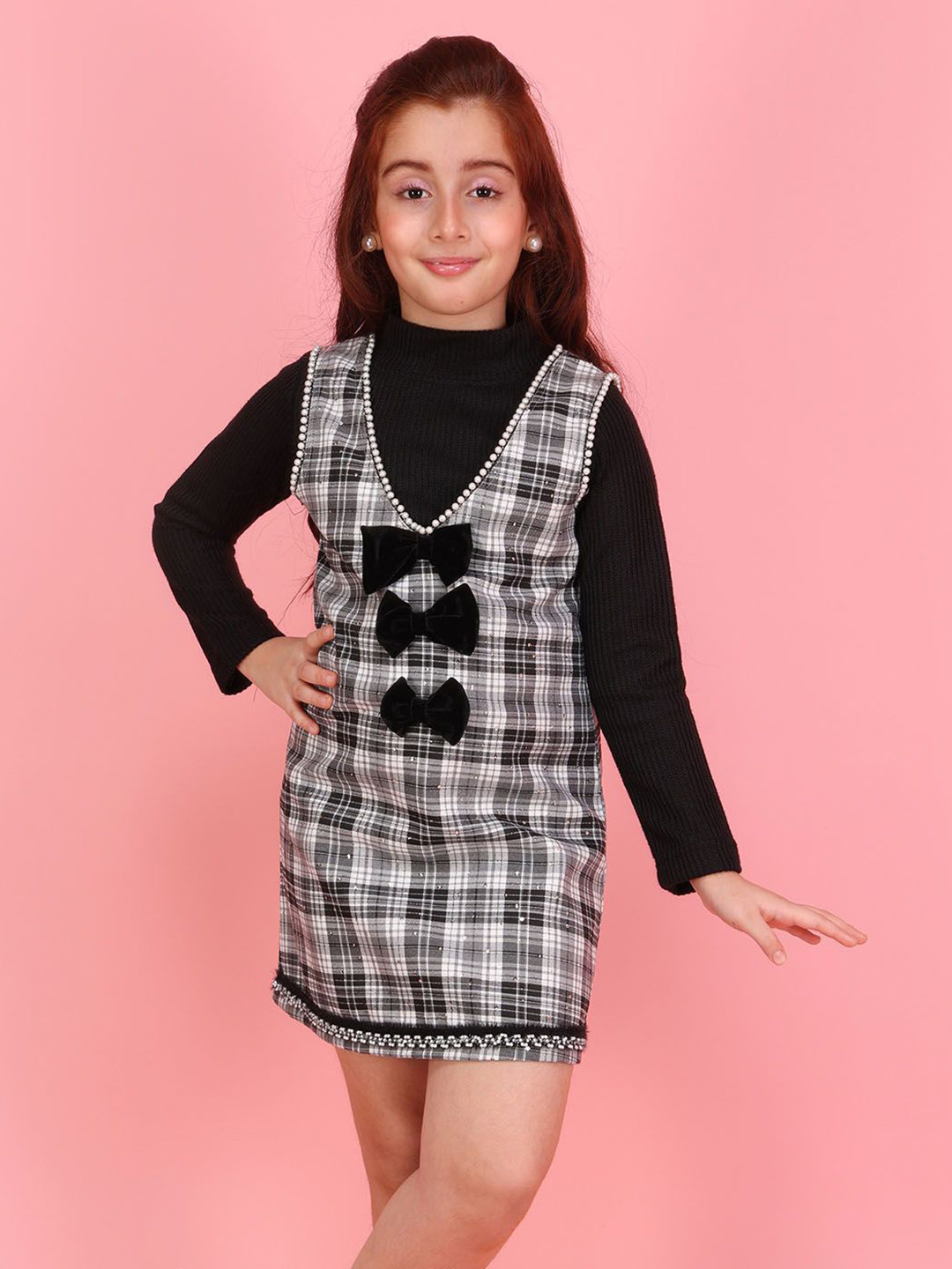 CUTECUMBER Girls Checked Bow-Applique Monochrome Sheath Dress