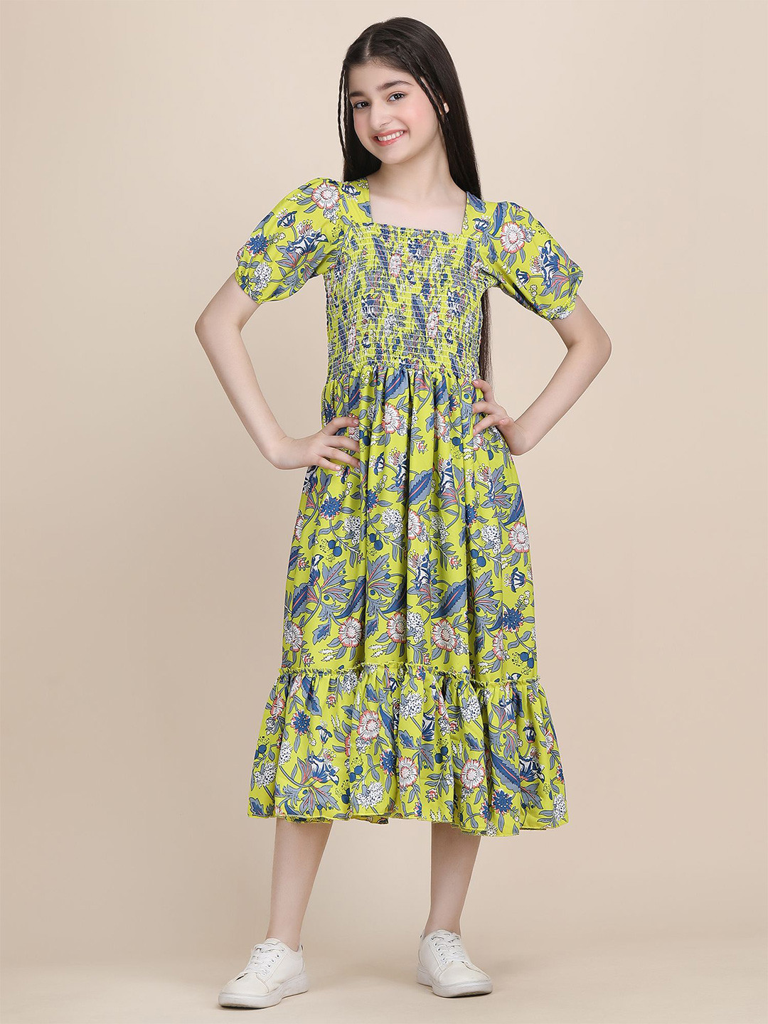 Pinly Girl's Ethnic Motifs Printed Puff Sleeve Smocked Fit & Flare Midi Dress
