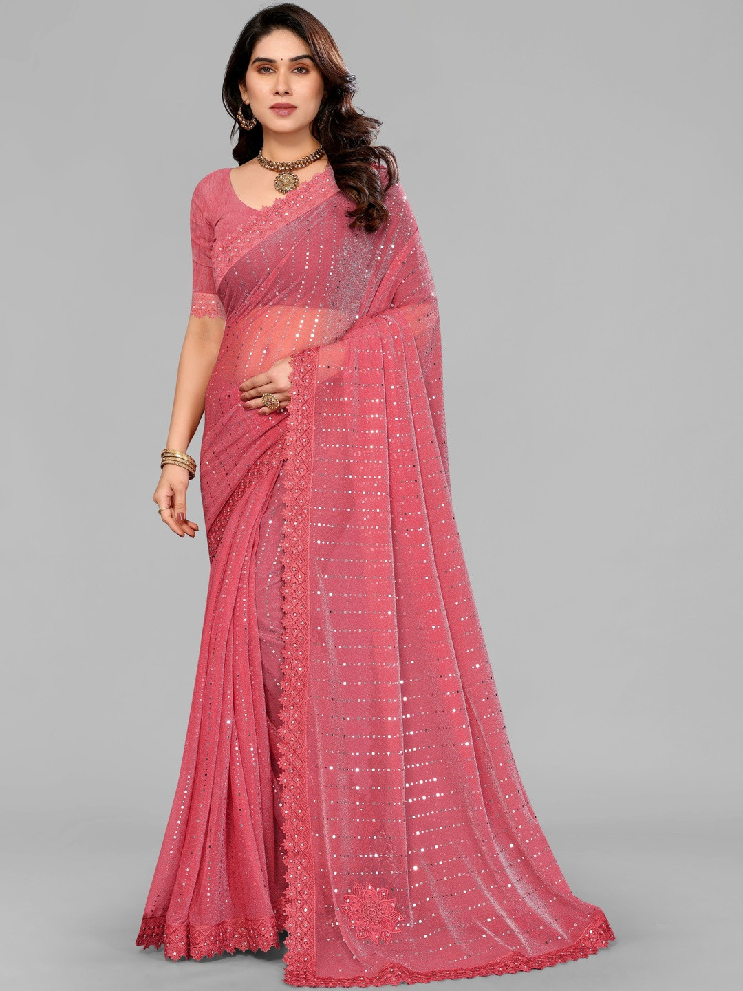 A.K. FABRICS Geometric Embellished Sequinned Heavy Work Saree With Unstitched Blouse Piece