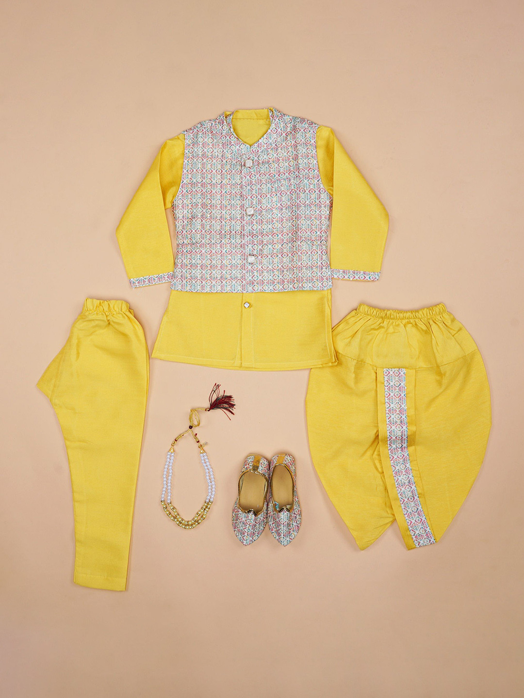 BAESD Boys Set Of 6 Ethnic Motifs Kurta Set Comes With Waistcoat & Mojari & Mala