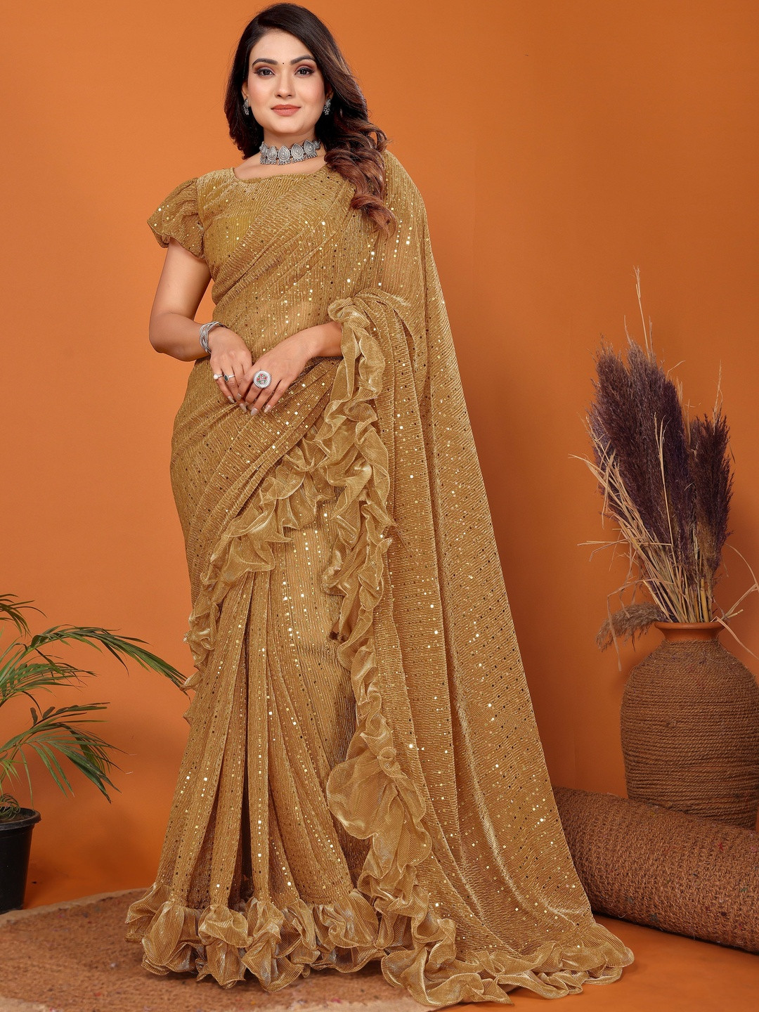 A.K. FABRICS Embellished Sequinned Ruffles Net Saree