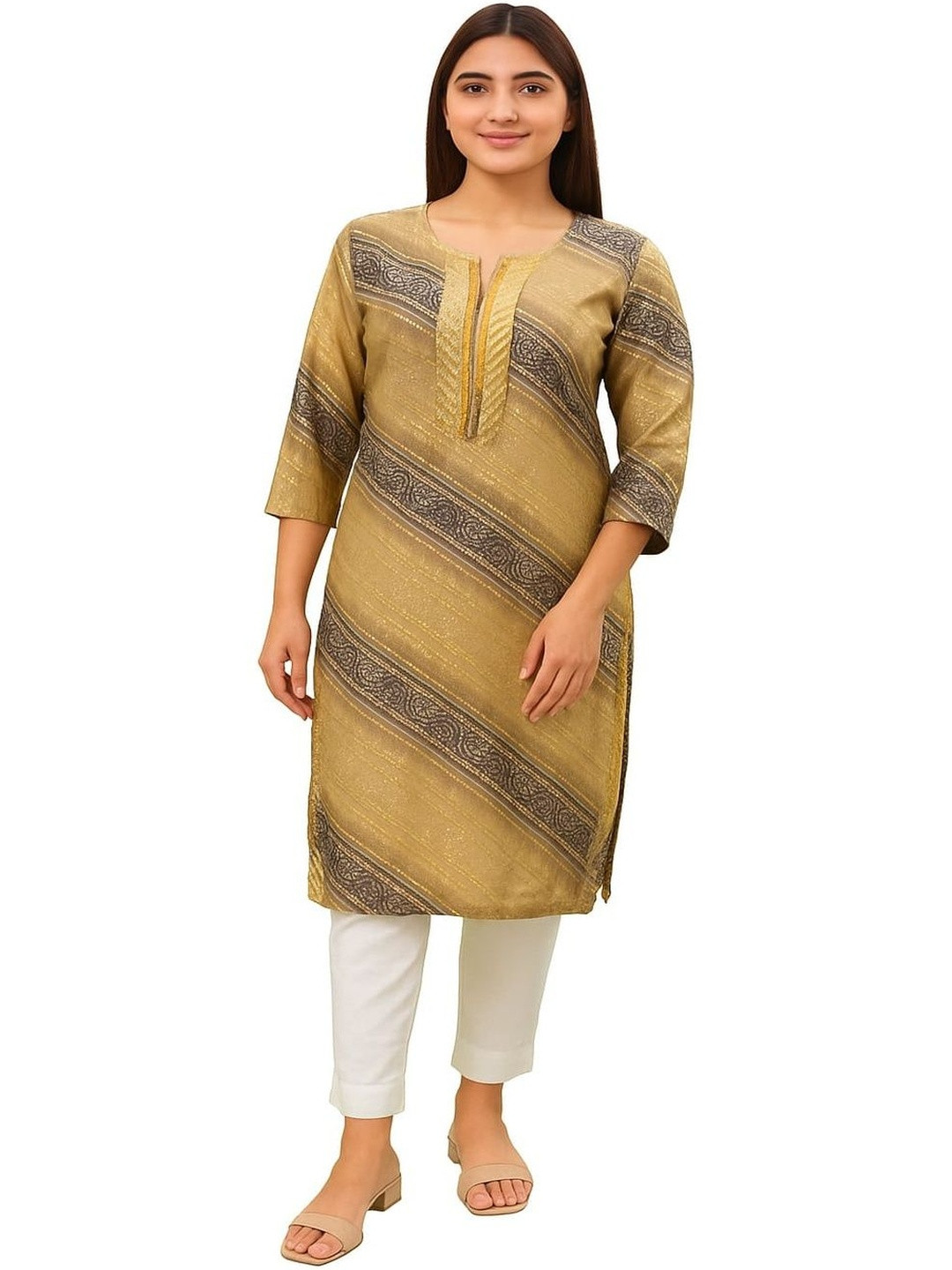 Silakaari Women Beige Chanderi Silk Striped Straight Kurtis