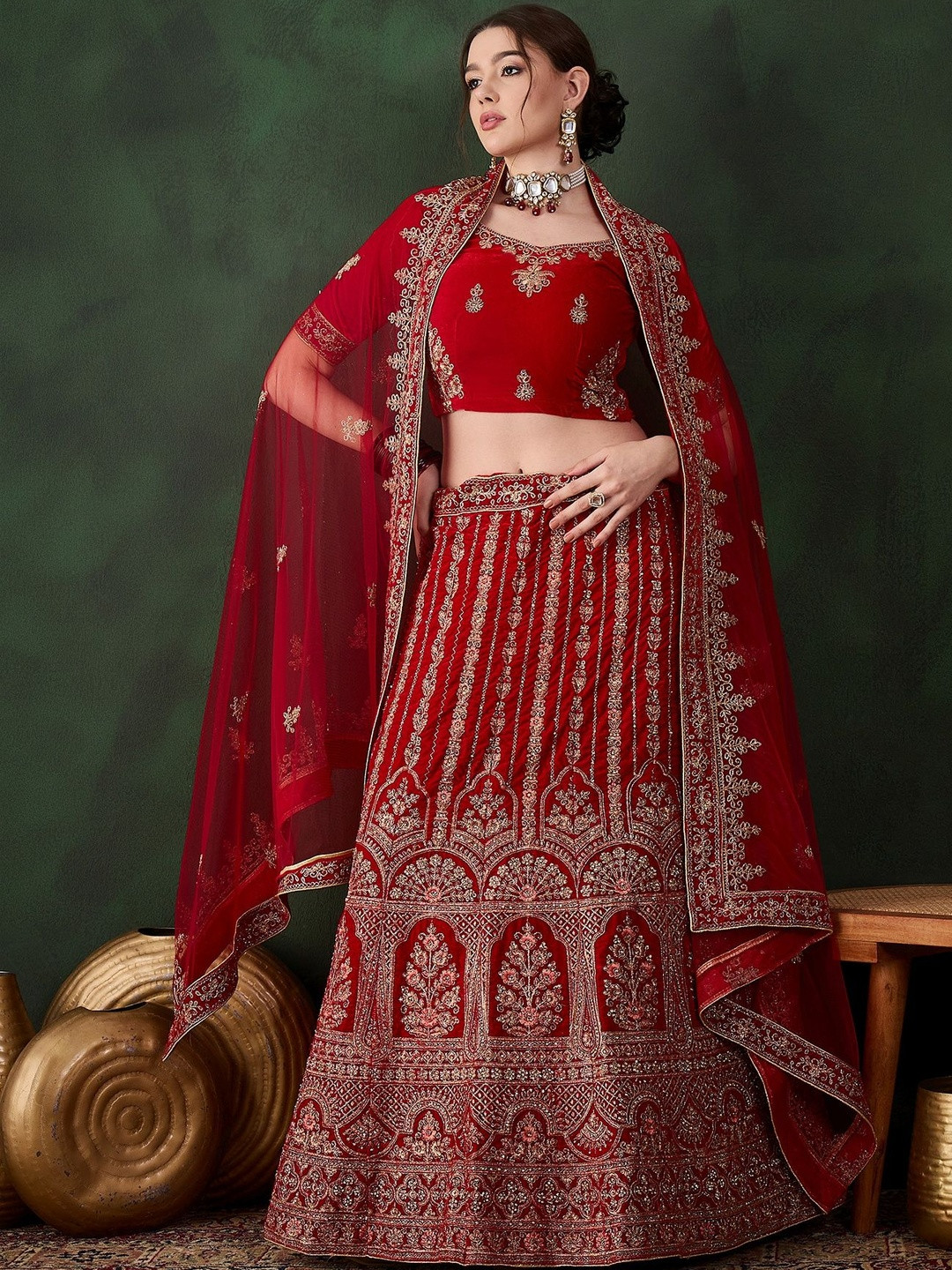 Suha Women Red Velvet Embroidered Wedding Lehenga Choli