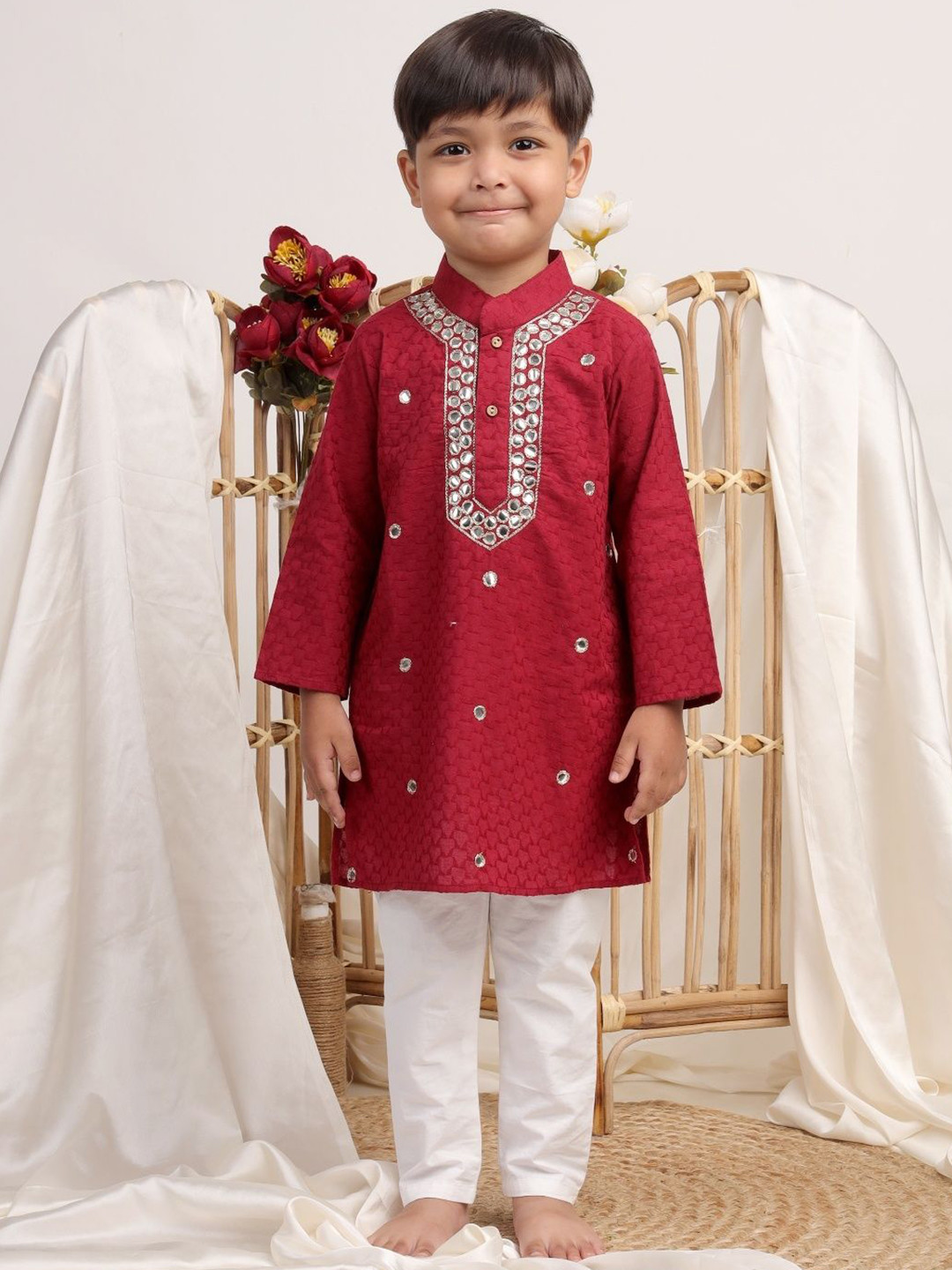 Sangria Kids Boys Red Regular Pure Cotton Kurta With Pyjamas