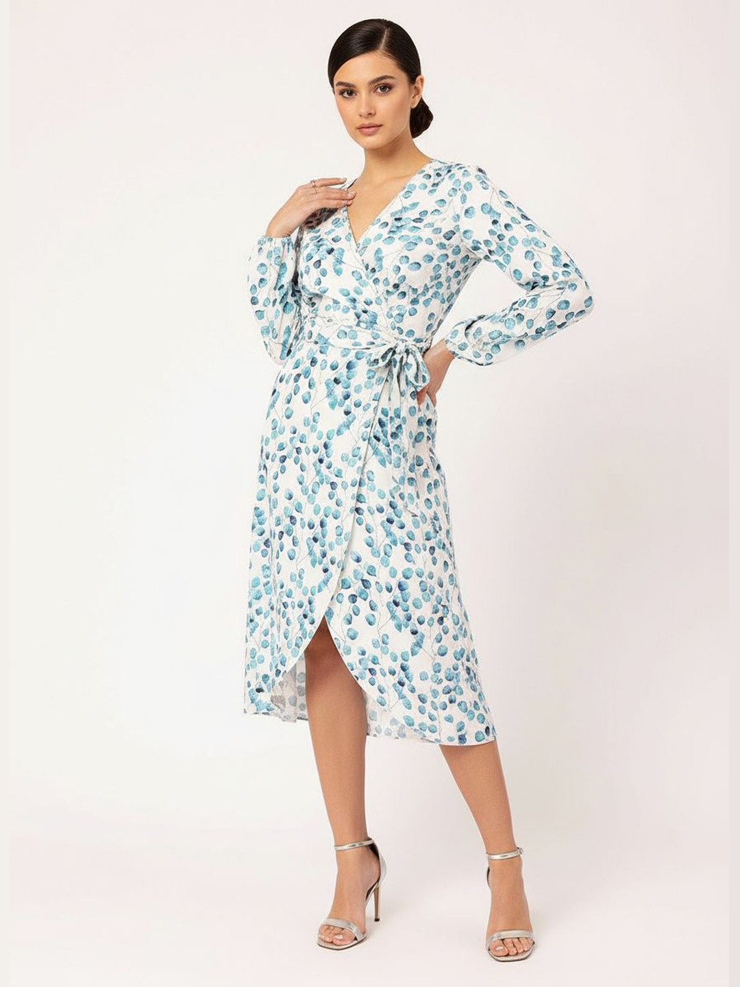 DressBerry Effortlessly Glamorous Printed Belted Wrap Tulip-Hem Midi Dress